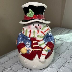 Vintage Festive Ceramic Snowman Cookie Jar